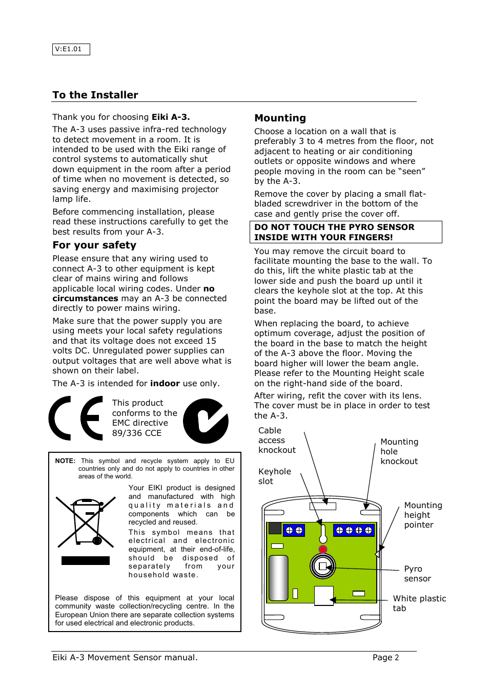 For your safety, Mounting | Eiki Movement Sensor A-3 User Manual | Page 2 / 4