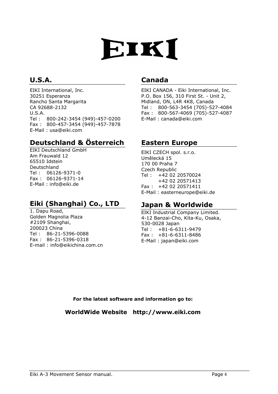 Deutschland & österreich, Eiki (shanghai) co., ltd, Japan & worldwide | U.s.a, Canada, Eastern europe | Eiki Movement Sensor A-3 User Manual | Page 4 / 4