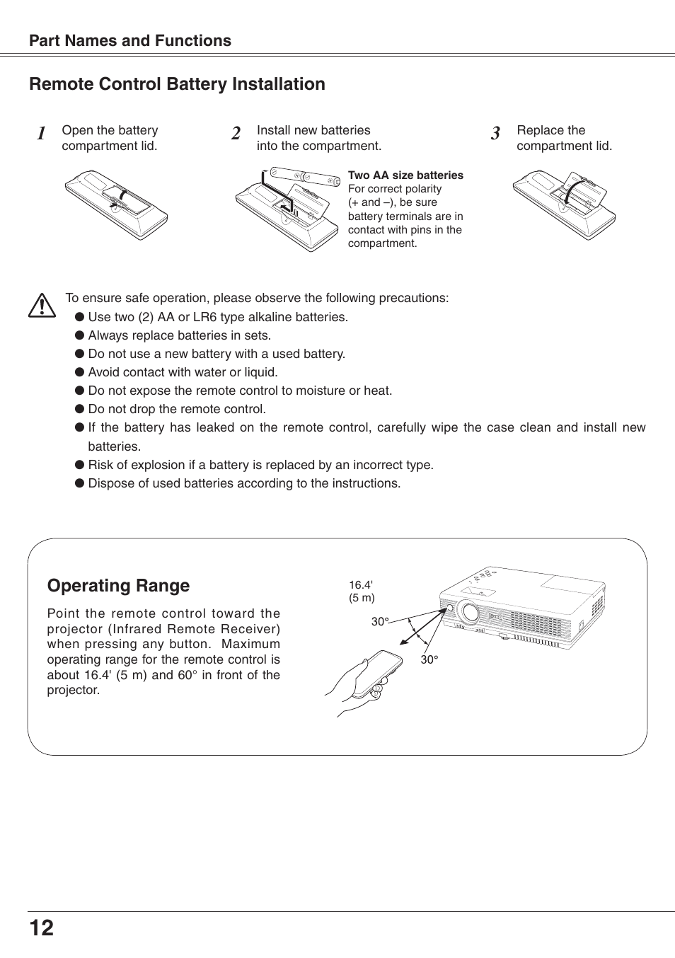 Remote control battery installation, Operating range | Eiki XGA Diamond Series LC-XD25 User Manual | Page 12 / 75