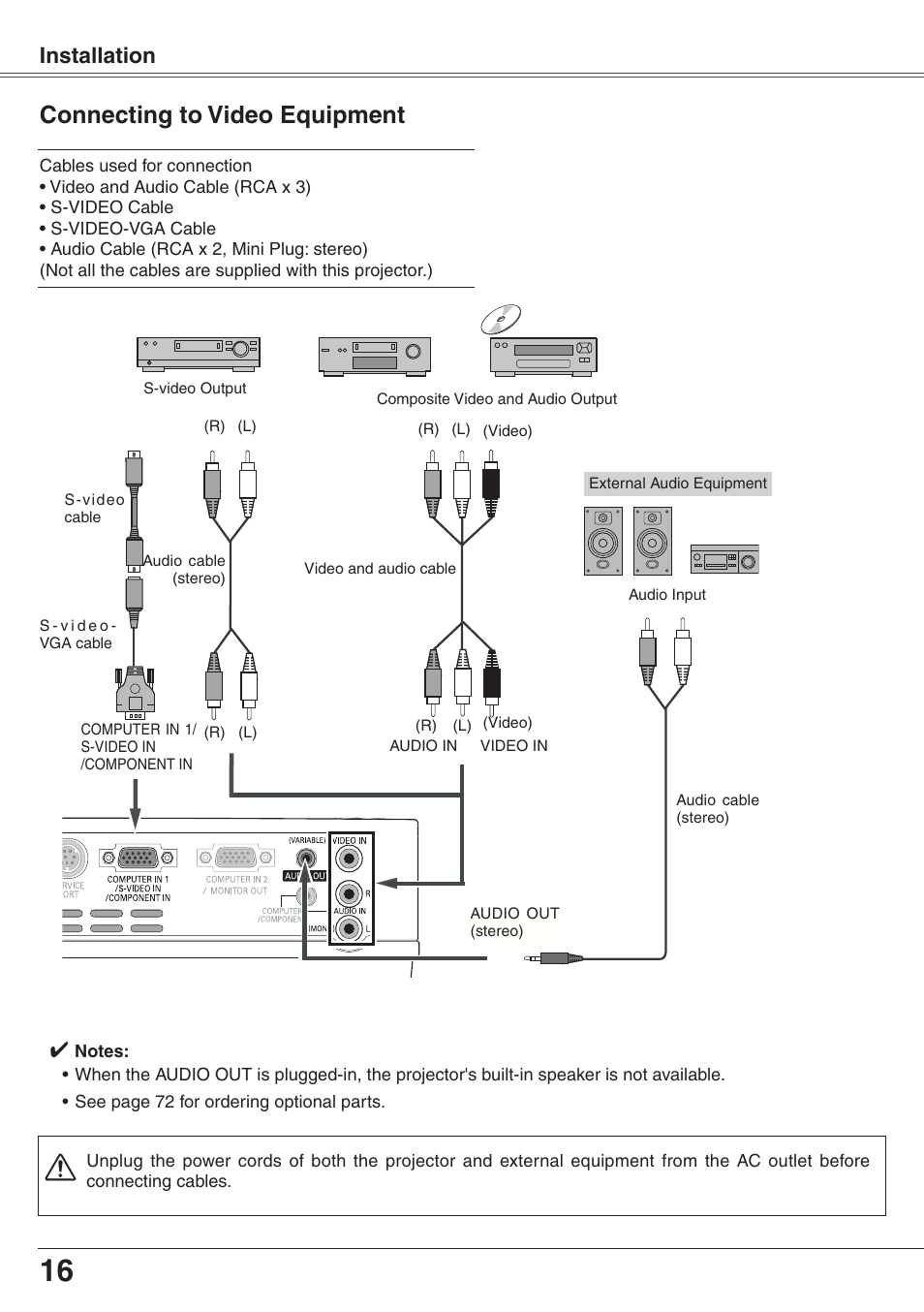 Connecting to video equipment, Installation | Eiki XGA Diamond Series LC-XD25 User Manual | Page 16 / 75
