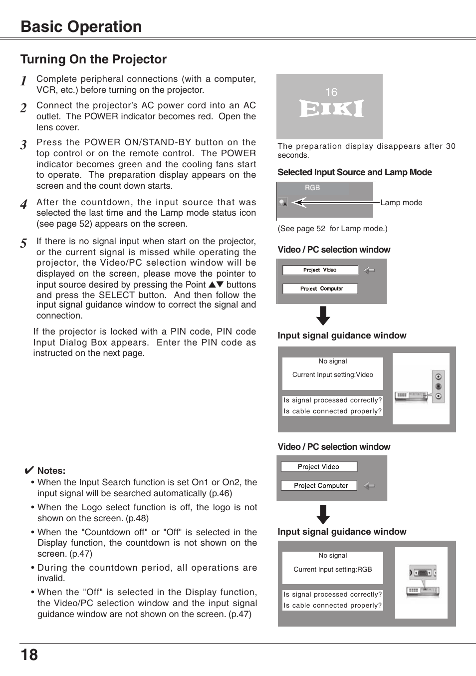 Basic operation, Turning on the projector, 18 basic operation | Eiki XGA Diamond Series LC-XD25 User Manual | Page 18 / 75
