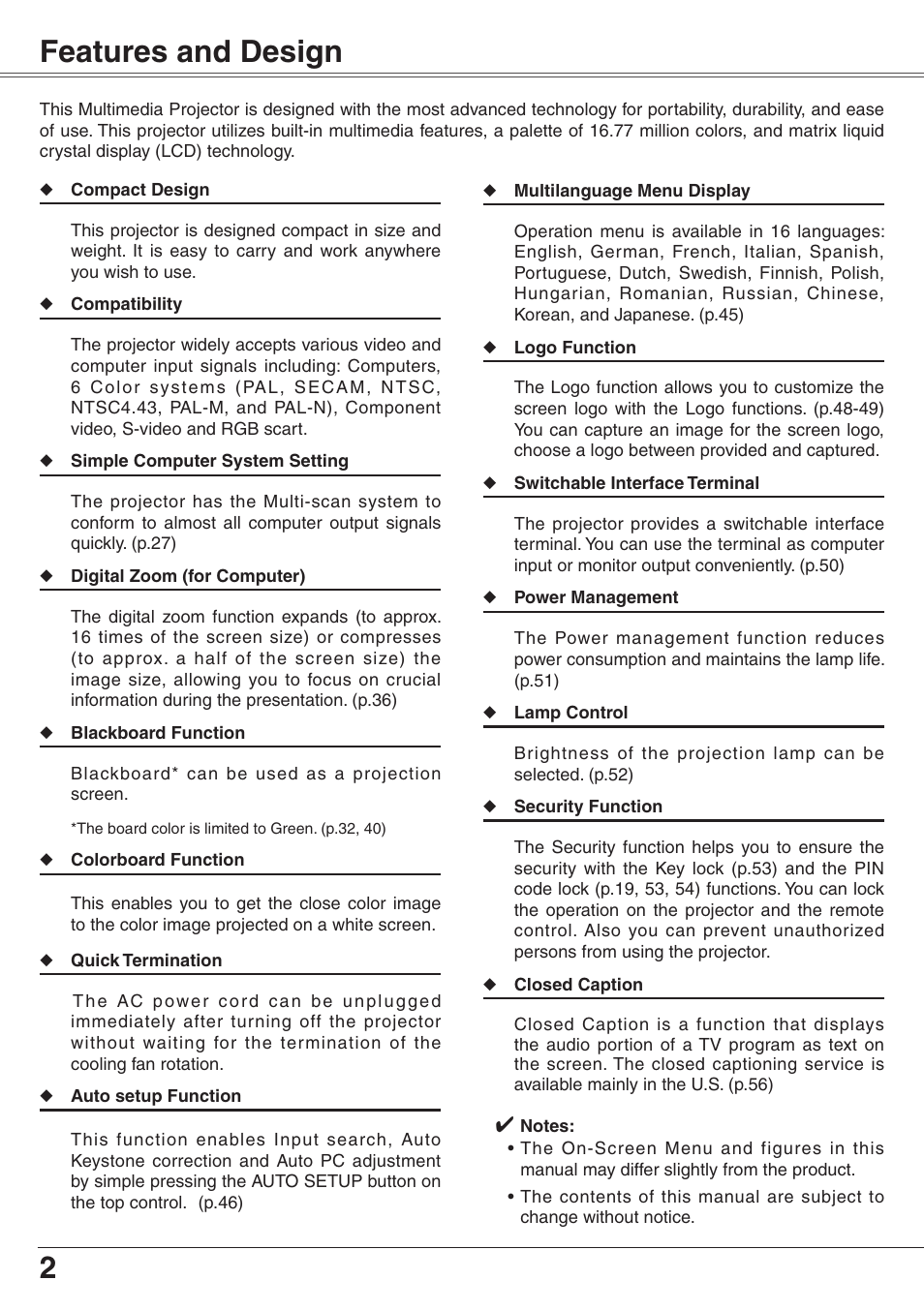 Features and design, 2features and design | Eiki XGA Diamond Series LC-XD25 User Manual | Page 2 / 75