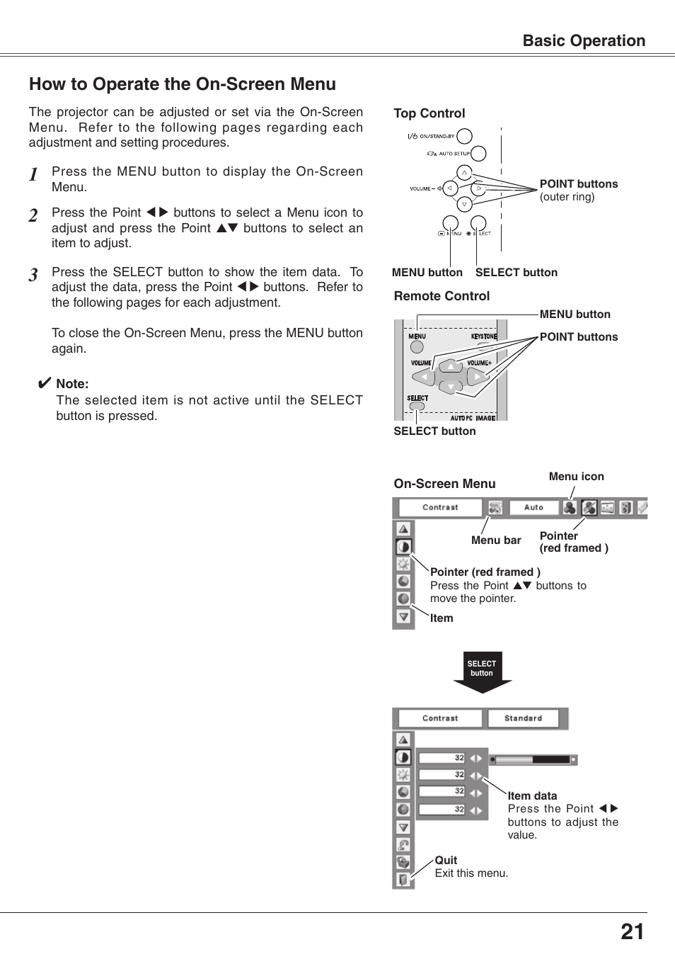 How to operate the on-screen menu, How to operate the on-screen menu 21, Basic operation | Eiki XGA Diamond Series LC-XD25 User Manual | Page 21 / 75