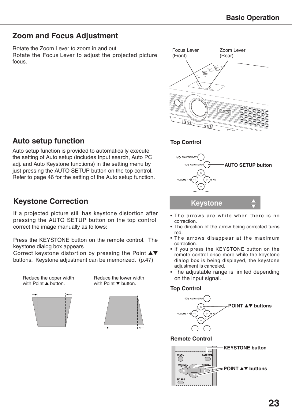 Zoom and focus adjustment, Auto setup function, Keystone correction | Basic operation | Eiki XGA Diamond Series LC-XD25 User Manual | Page 23 / 75