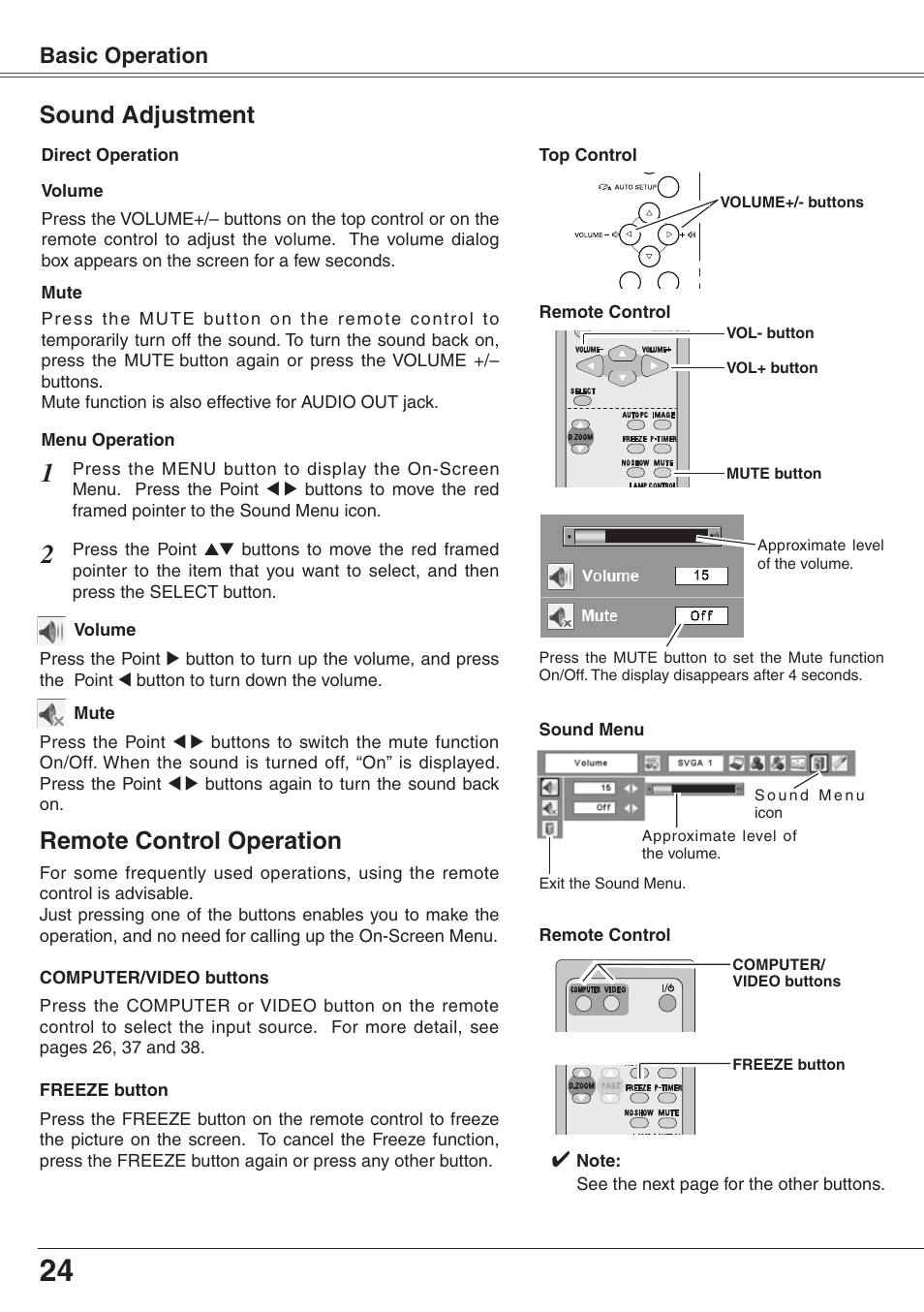 Sound adjustment, Remote control operation, Basic operation | Eiki XGA Diamond Series LC-XD25 User Manual | Page 24 / 75