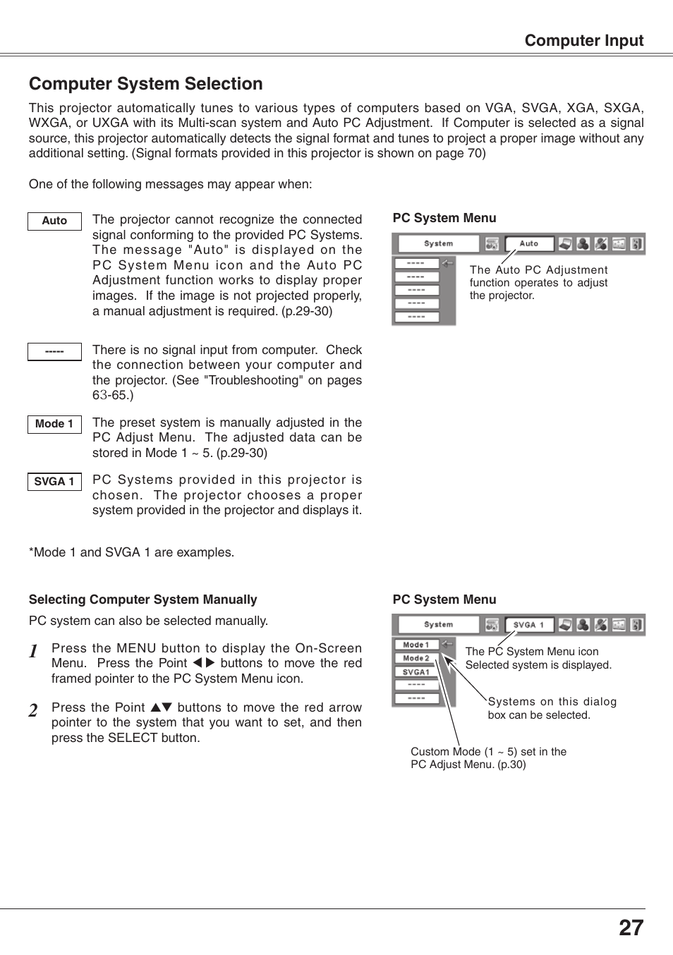 Computer system selection, Computer input | Eiki XGA Diamond Series LC-XD25 User Manual | Page 27 / 75