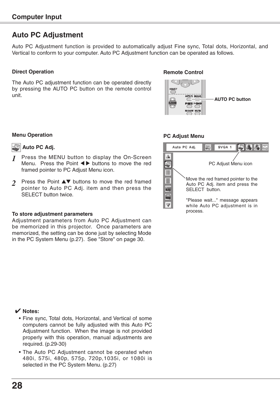 Auto pc adjustment, Computer input | Eiki XGA Diamond Series LC-XD25 User Manual | Page 28 / 75