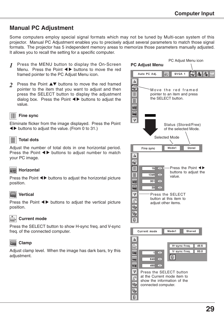Manual pc adjustment, Computer input | Eiki XGA Diamond Series LC-XD25 User Manual | Page 29 / 75