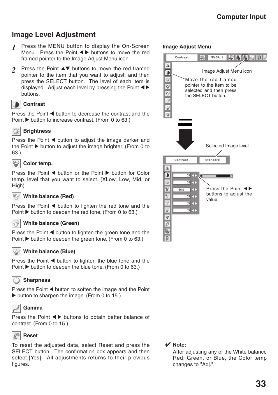 Image level adjustment, Computer input | Eiki XGA Diamond Series LC-XD25 User Manual | Page 33 / 75