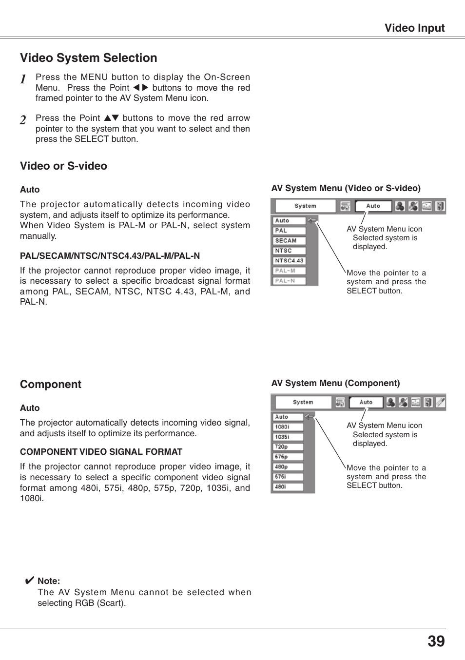 Video system selection, Video input, Video or s-video component | Eiki XGA Diamond Series LC-XD25 User Manual | Page 39 / 75