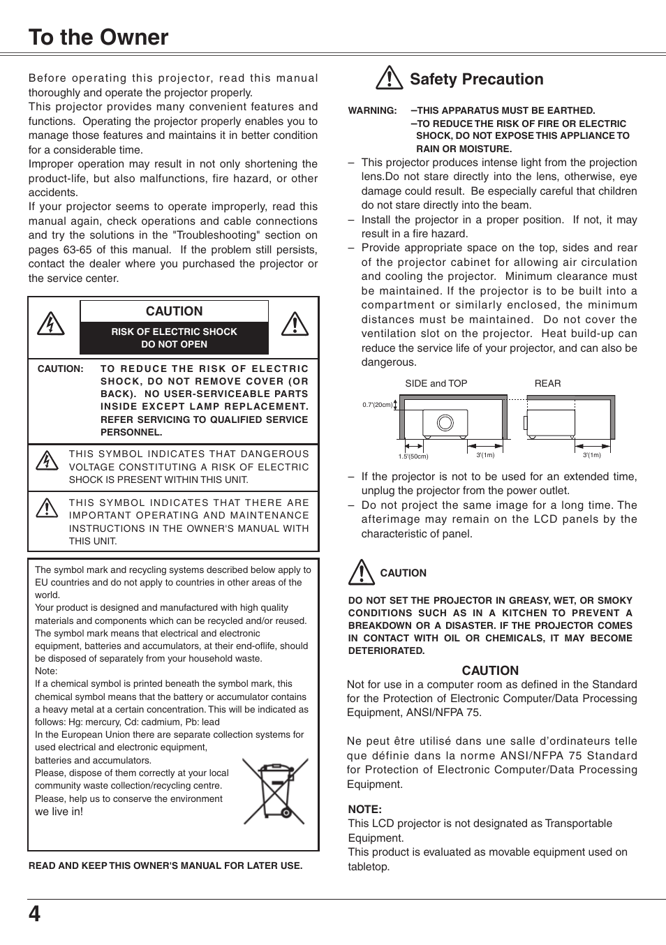 To the owner, 4to the owner, Safety precaution | Eiki XGA Diamond Series LC-XD25 User Manual | Page 4 / 75