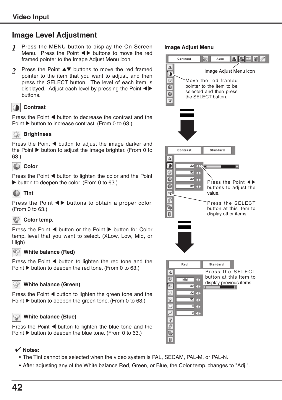 Image level adjustment, Video input | Eiki XGA Diamond Series LC-XD25 User Manual | Page 42 / 75