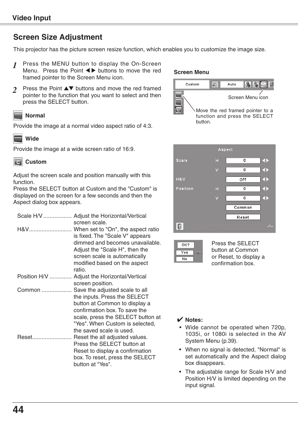 Screen size adjustment, Setting | Eiki XGA Diamond Series LC-XD25 User Manual | Page 44 / 75