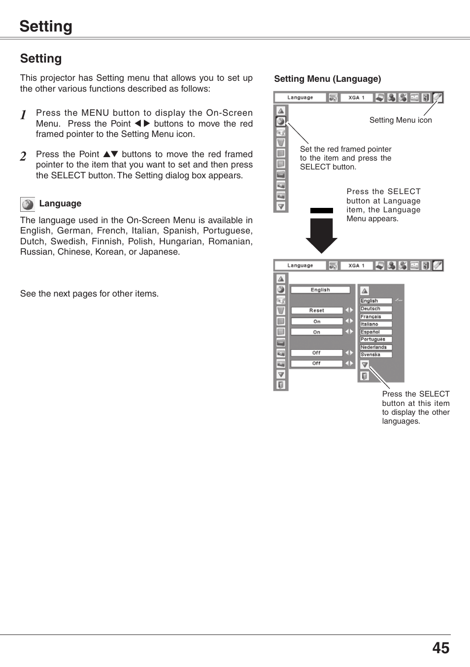 Setting, 45 setting | Eiki XGA Diamond Series LC-XD25 User Manual | Page 45 / 75