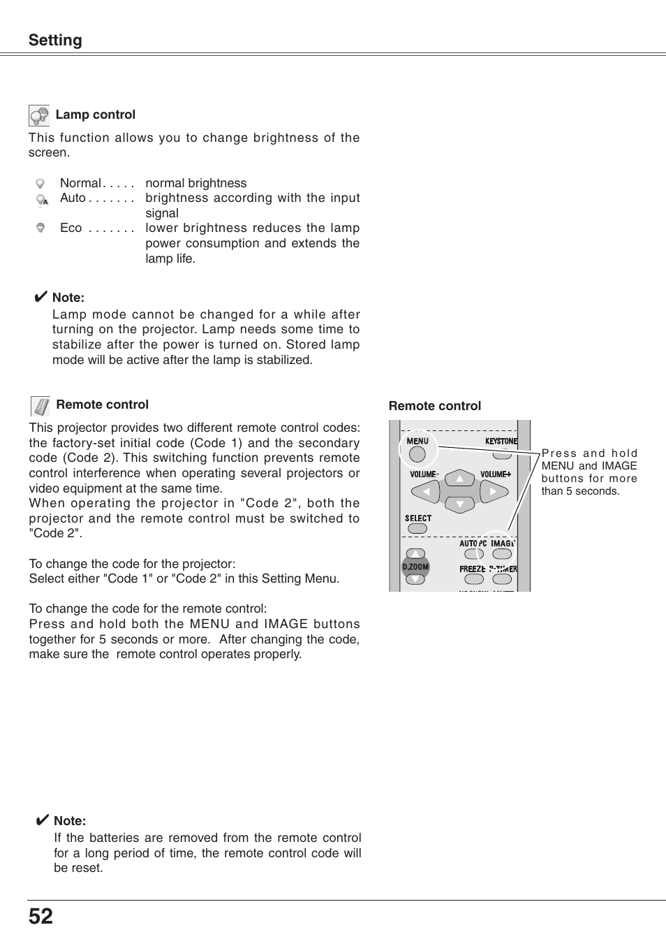 Setting | Eiki XGA Diamond Series LC-XD25 User Manual | Page 52 / 75