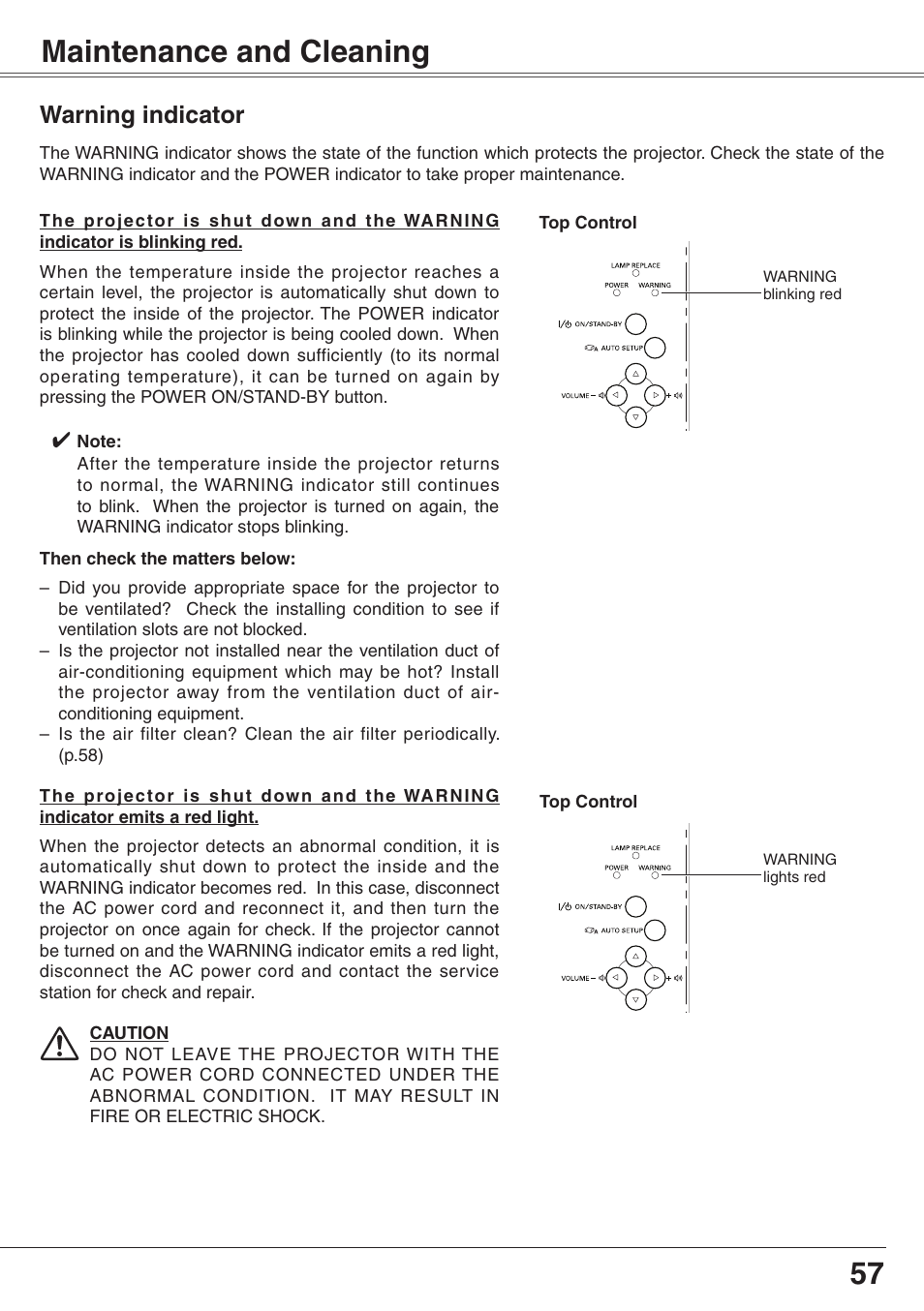 Maintenance and cleaning, Warning indicator, 57 maintenance and cleaning | Eiki XGA Diamond Series LC-XD25 User Manual | Page 57 / 75
