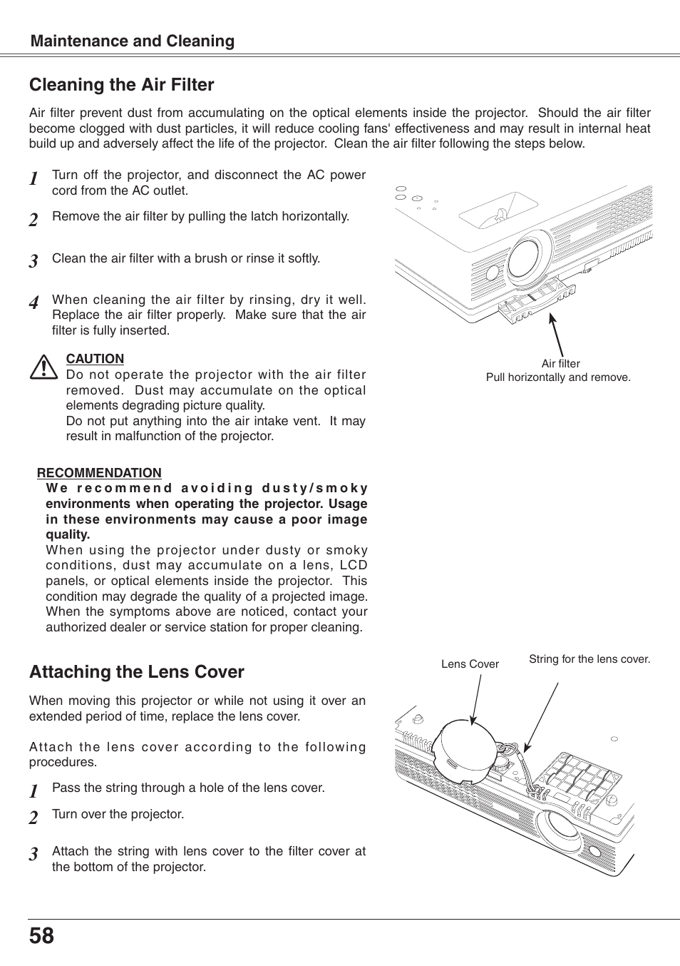 Cleaning the air filter, Attaching the lens cover | Eiki XGA Diamond Series LC-XD25 User Manual | Page 58 / 75