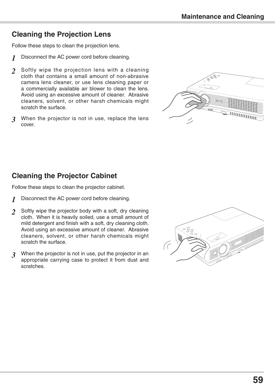 Cleaning the projection lens, Cleaning the projector cabinet | Eiki XGA Diamond Series LC-XD25 User Manual | Page 59 / 75