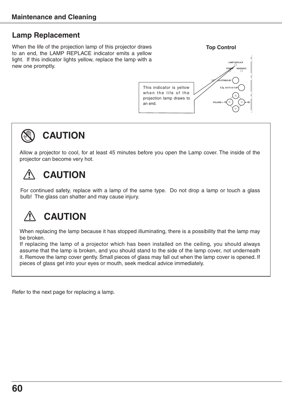 Lamp replacement, Caution | Eiki XGA Diamond Series LC-XD25 User Manual | Page 60 / 75
