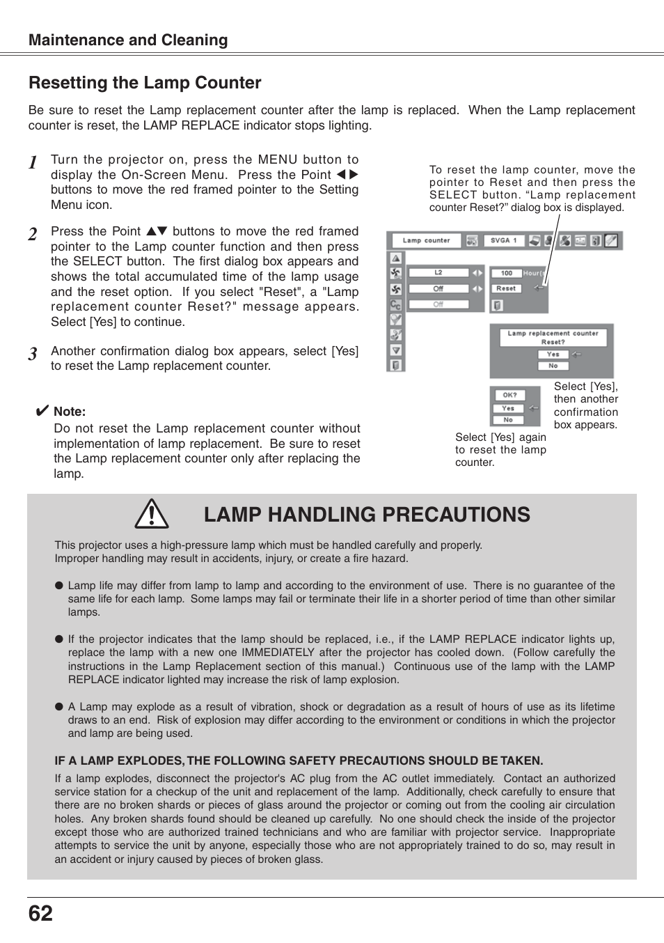 Resetting the lamp counter, Lamp handling precautions, Maintenance and cleaning | Eiki XGA Diamond Series LC-XD25 User Manual | Page 62 / 75