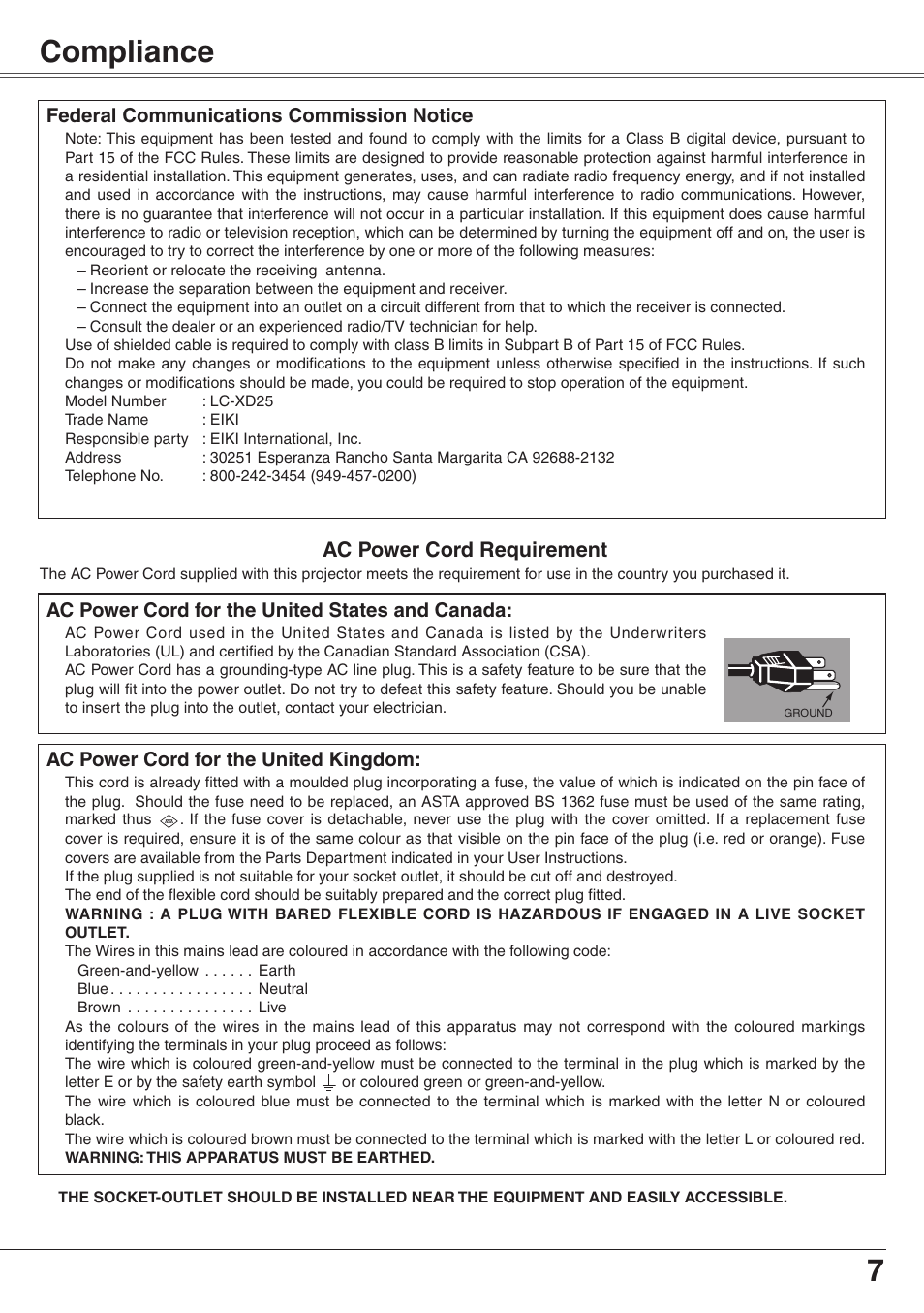 Compliance, 7compliance, Ac power cord requirement | Eiki XGA Diamond Series LC-XD25 User Manual | Page 7 / 75