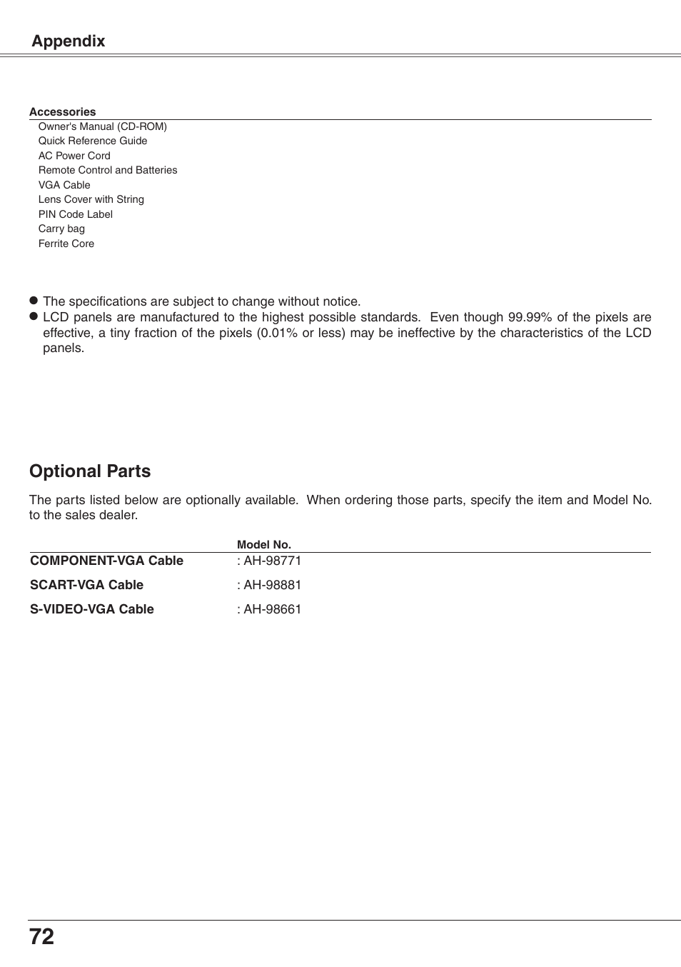 Optional parts, Appendix | Eiki XGA Diamond Series LC-XD25 User Manual | Page 72 / 75