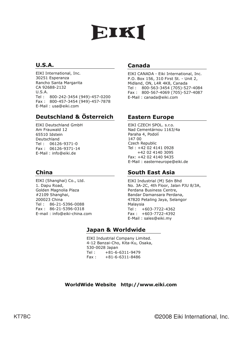 2008 eiki international, inc, Kt7bc u.s.a, Deutschland & österreich | China, Canada, Eastern europe south east asia, Japan & worldwide | Eiki XGA Diamond Series LC-XD25 User Manual | Page 75 / 75