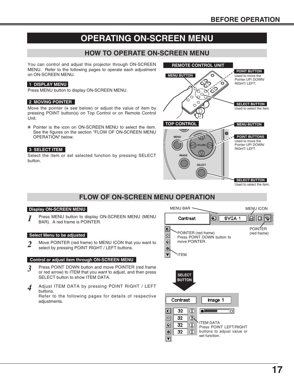 Operating on-screen menu, How to operate on-screen menu, Flow of on-screen menu operation | Eiki LC-SM4 User Manual | Page 17 / 44