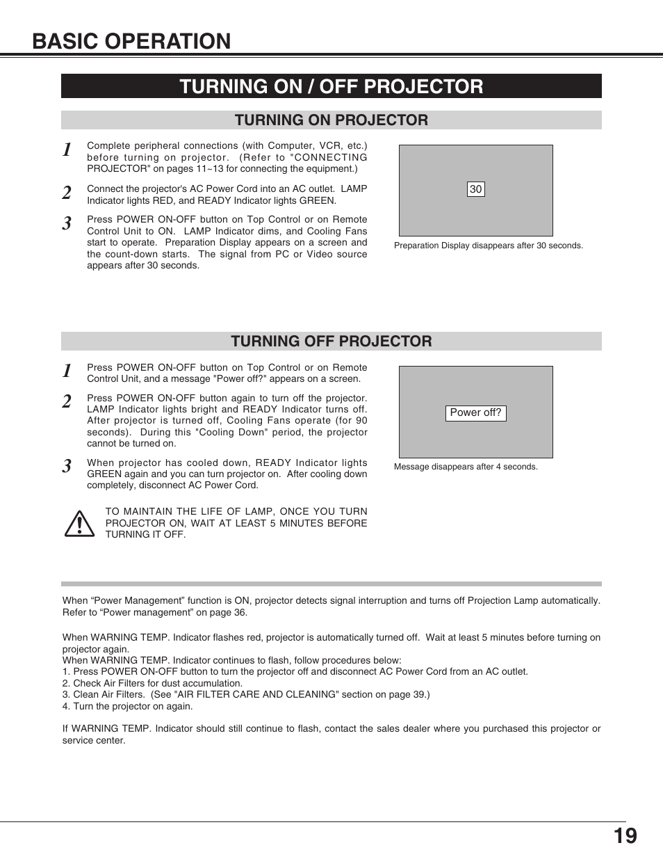 Basic operation, Turning on/off projector, Picture freeze funciton | Turning on / off projector | Eiki LC-SM4 User Manual | Page 19 / 44