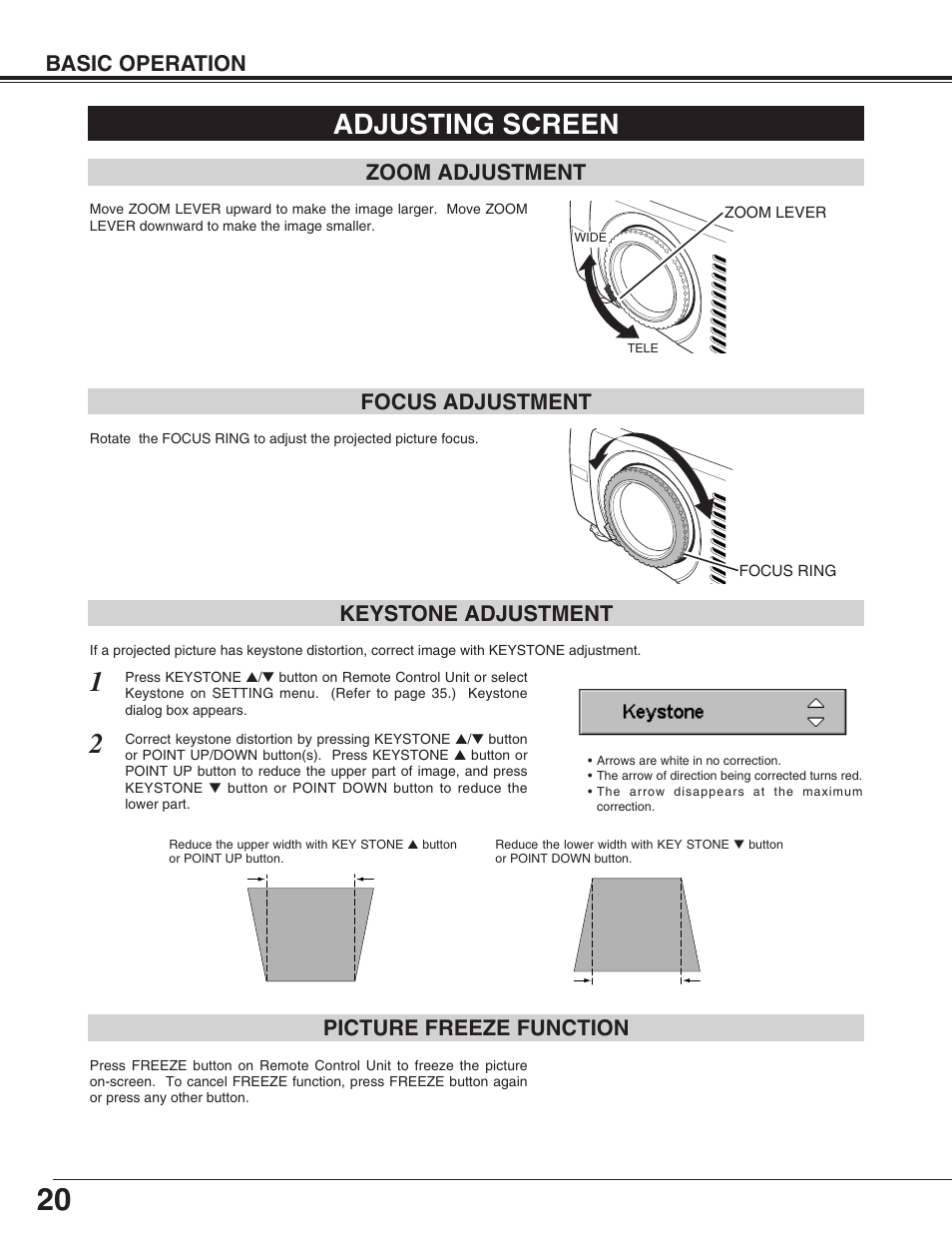 Adjusting screen, Zoom adjustment, Focus adjustment | Keystone adjustment, Picture freeze function keystone adjustment, Basic operation, Zoom adjustment focus adjustment | Eiki LC-SM4 User Manual | Page 20 / 44