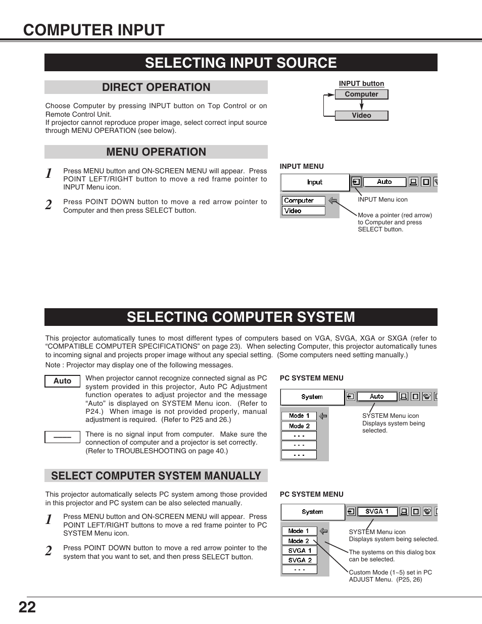Computer input, Selecting input source, Selecting computer system | Image level adjustment, 22 computer input | Eiki LC-SM4 User Manual | Page 22 / 44