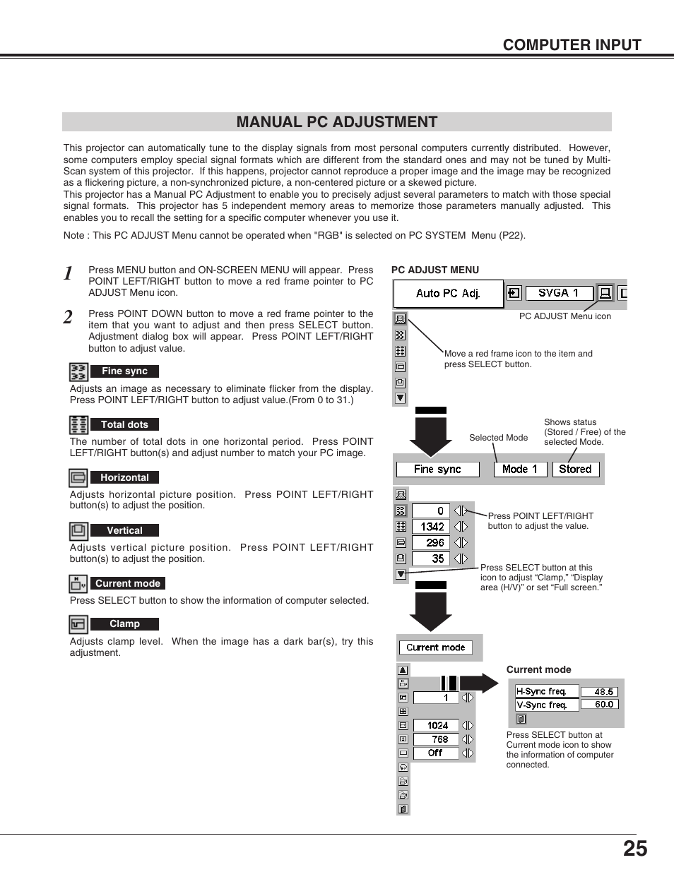 Manual pc adjustment, Computer input manual pc adjustment | Eiki LC-SM4 User Manual | Page 25 / 44