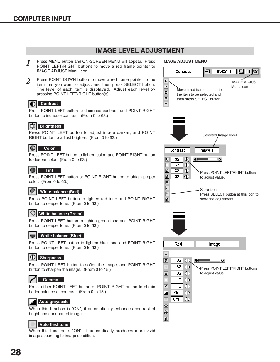 Computer input, Image level adjustment | Eiki LC-SM4 User Manual | Page 28 / 44