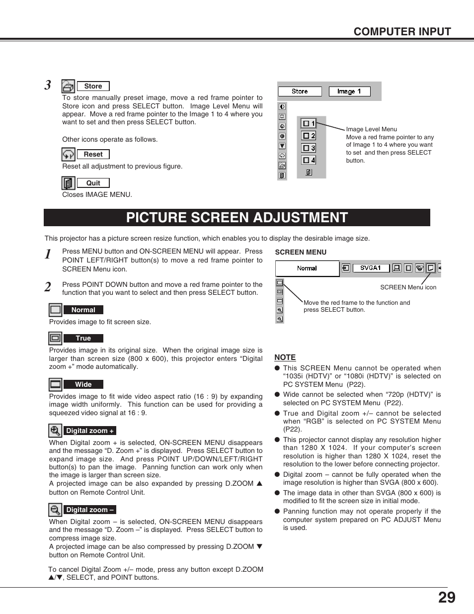 Picture screen adjustment, Computer input | Eiki LC-SM4 User Manual | Page 29 / 44