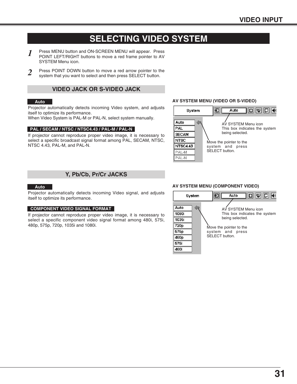 Selecting video system, Video input | Eiki LC-SM4 User Manual | Page 31 / 44
