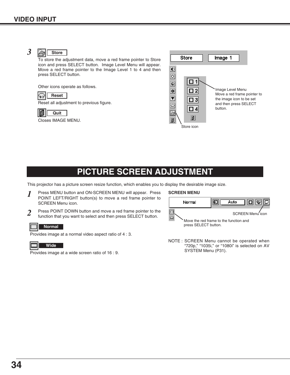 Picture screen adjustment, Video input | Eiki LC-SM4 User Manual | Page 34 / 44