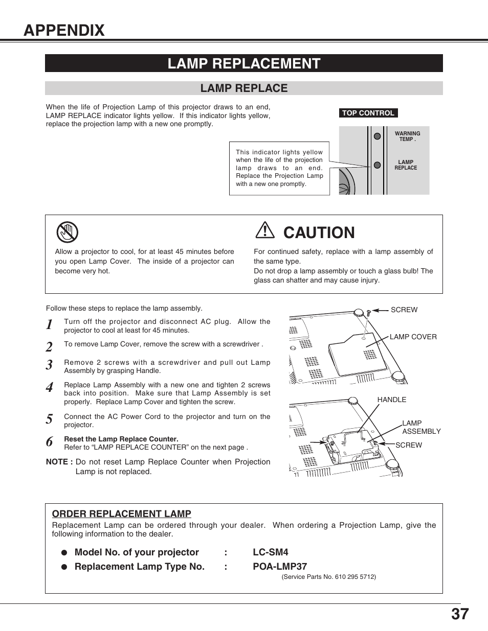 Appendix, Lamp replacement, Lamp replace | 37 appendix, Caution | Eiki LC-SM4 User Manual | Page 37 / 44