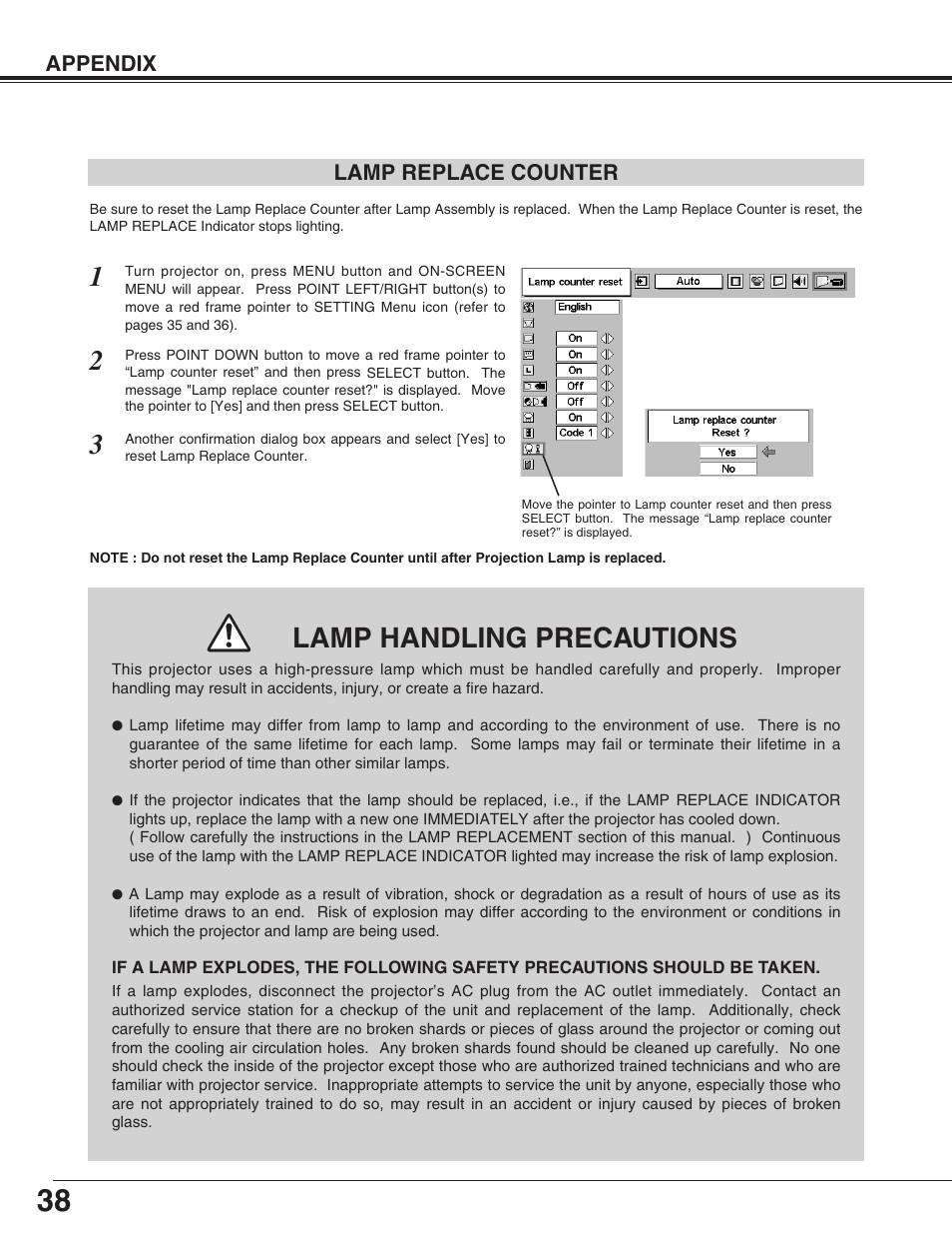Lamp replace counter, Lamp handling precautions | Eiki LC-SM4 User Manual | Page 38 / 44