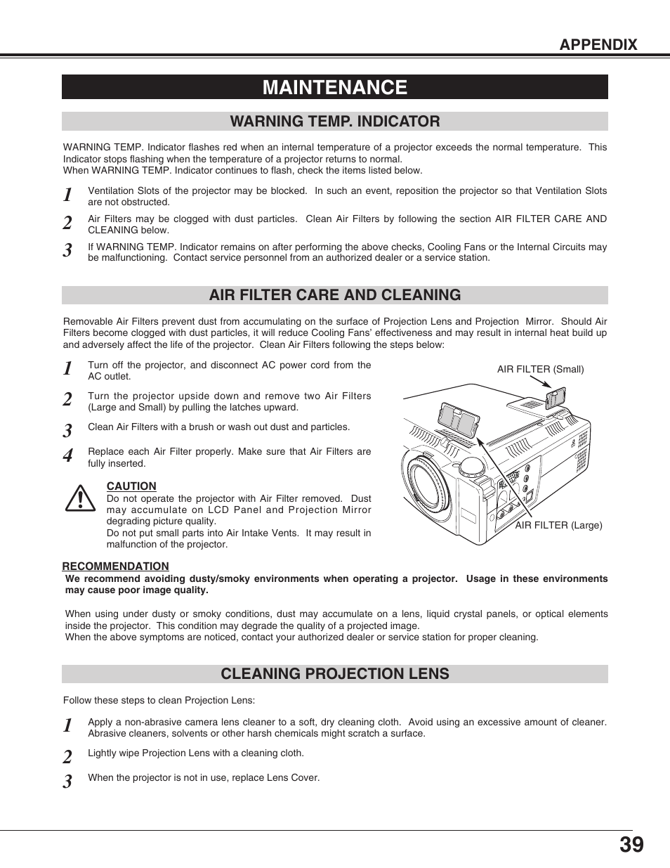 Maintenance, Warning temp. indicator, Air filter care and cleaning | Cleaning projection lens | Eiki LC-SM4 User Manual | Page 39 / 44