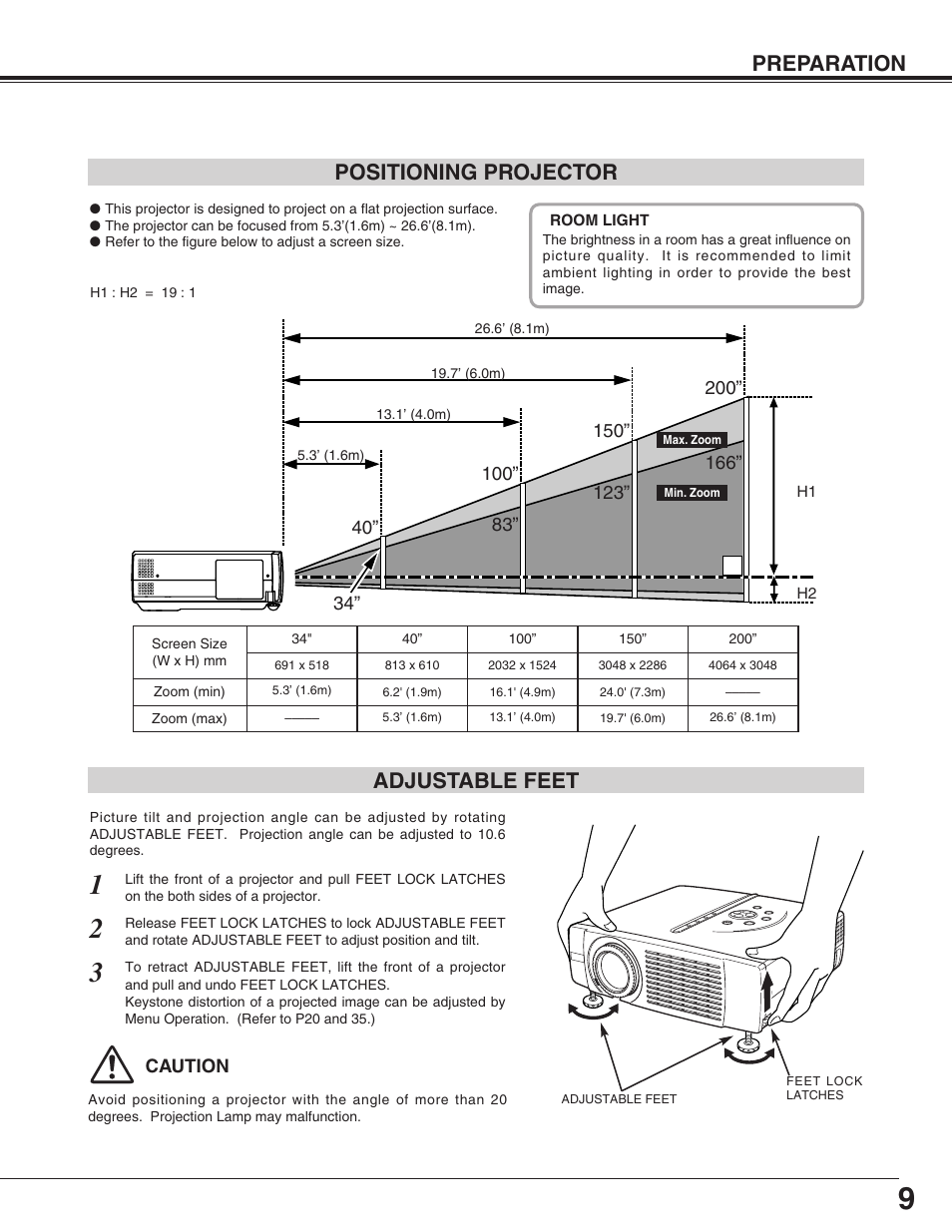 Positioning projector, Adjustable feet, Preparation positioning projector adjustable feet | Eiki LC-SM4 User Manual | Page 9 / 44