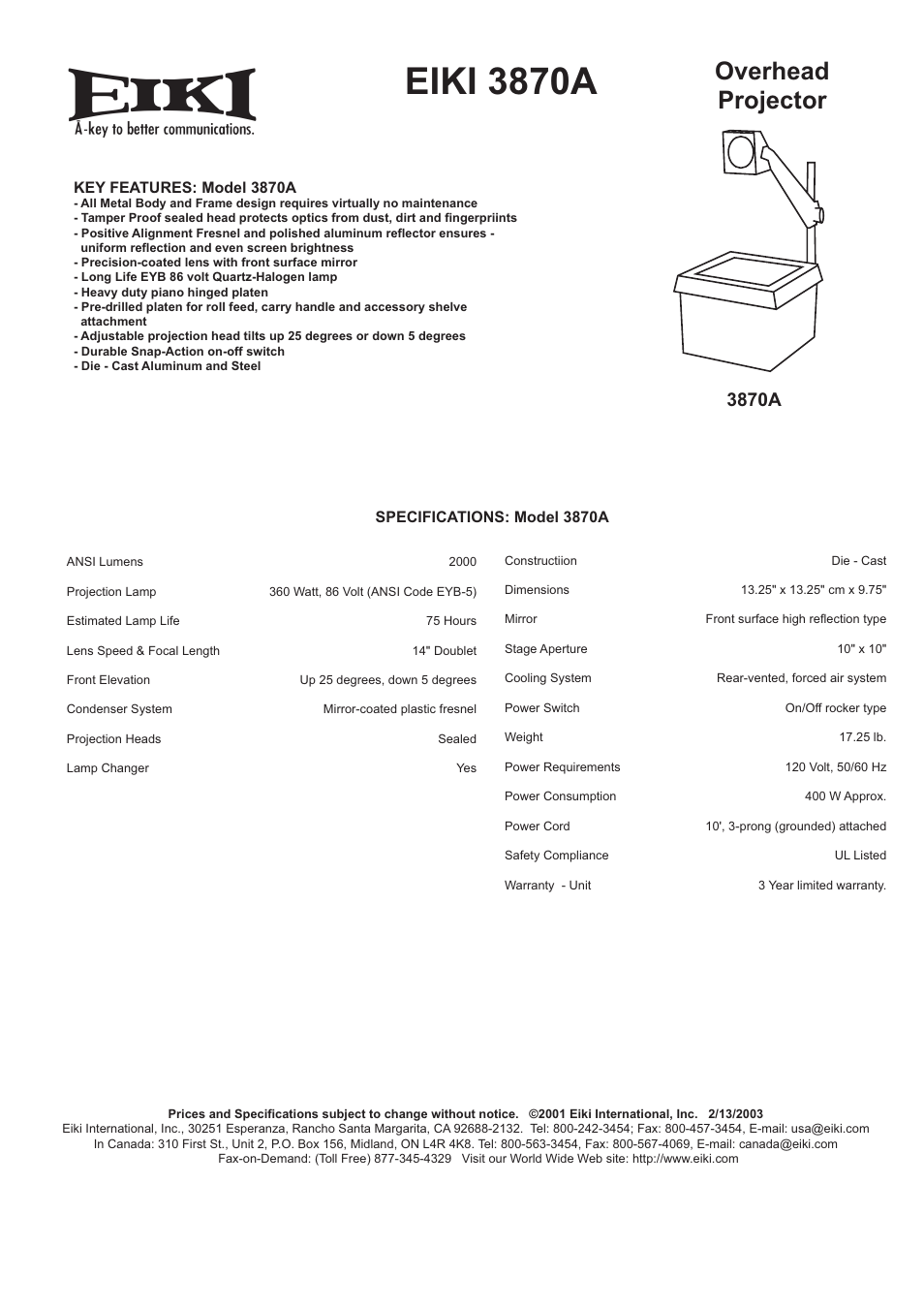 Eiki 3870A User Manual | 1 page