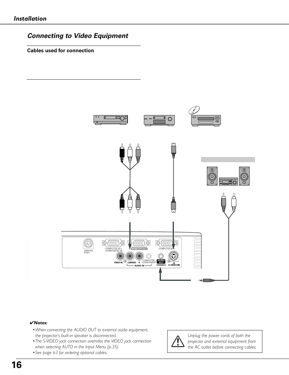 Connecting to video equipment, Installation connecting to video equipment | Eiki MODEL LC-XB40 User Manual | Page 16 / 66