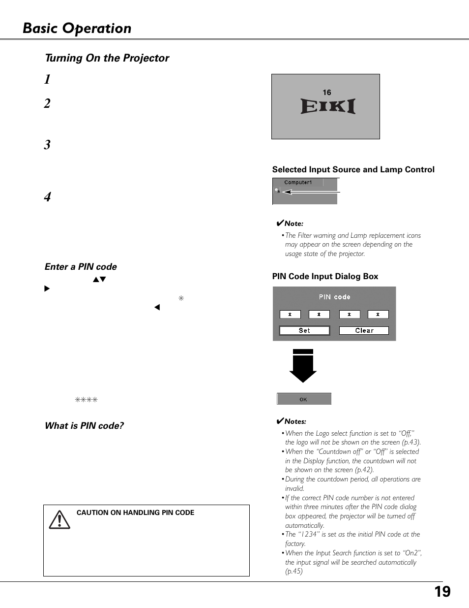 Basic operation, Turning on the projector | Eiki MODEL LC-XB40 User Manual | Page 19 / 66