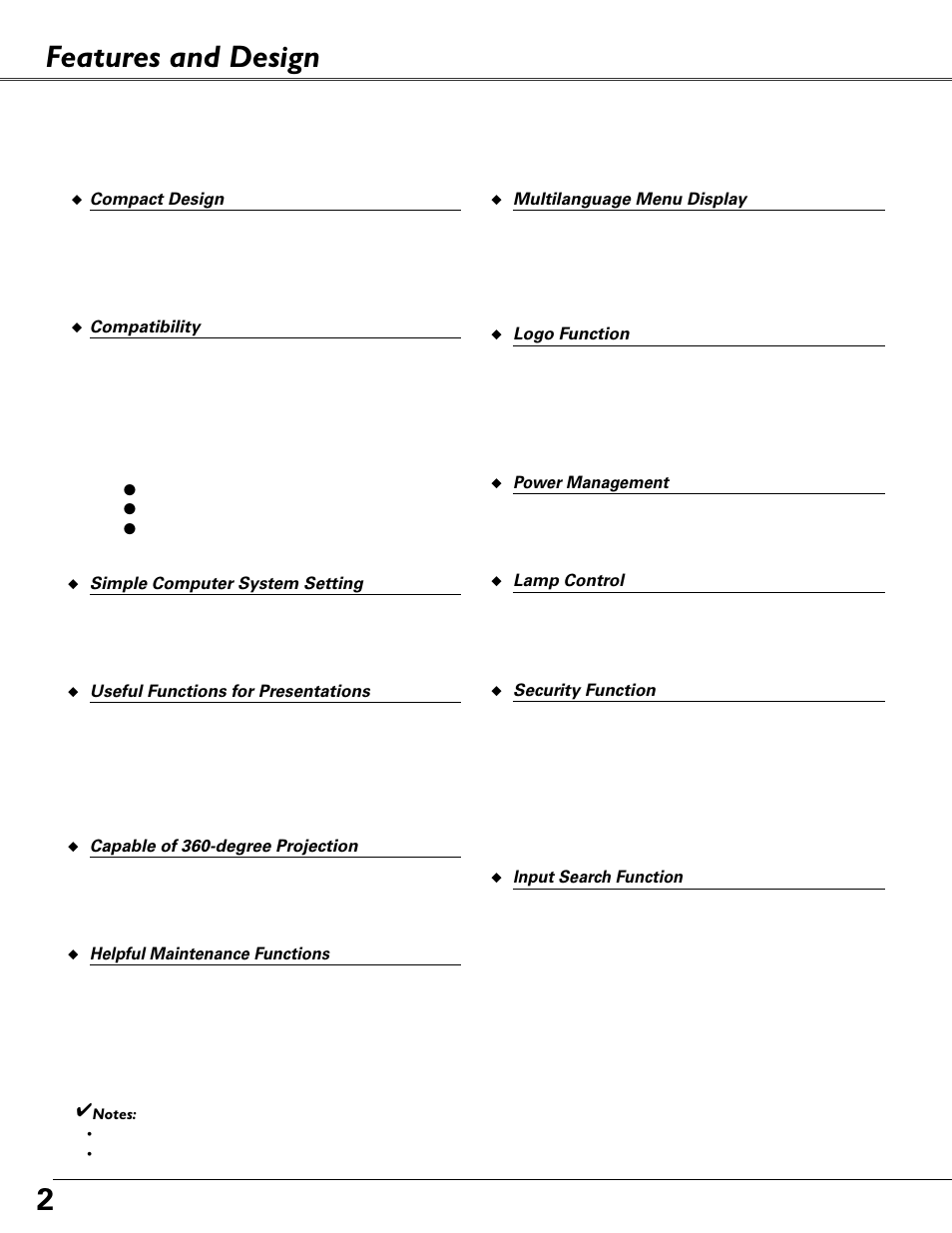 Features and design, 2features and design | Eiki MODEL LC-XB40 User Manual | Page 2 / 66