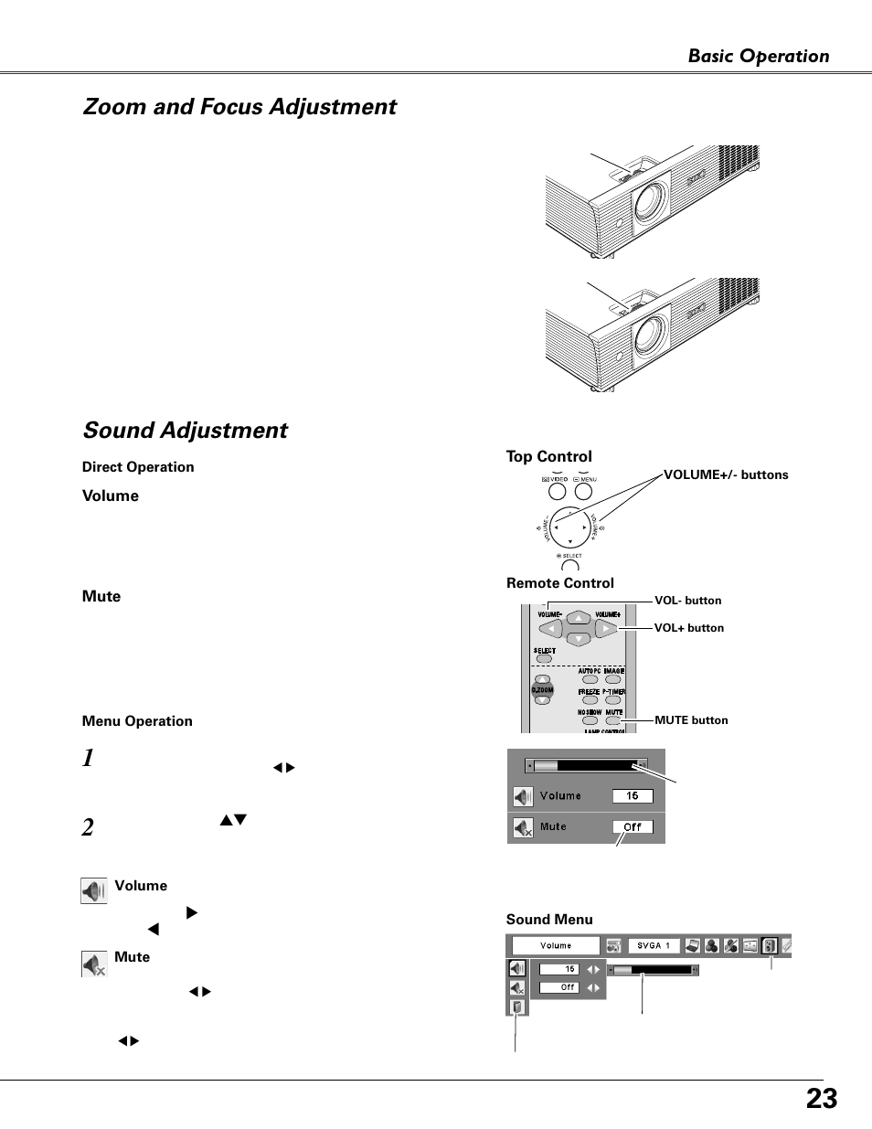 Zoom and focus adjustment, Sound adjustment, Basic operation | Eiki MODEL LC-XB40 User Manual | Page 23 / 66