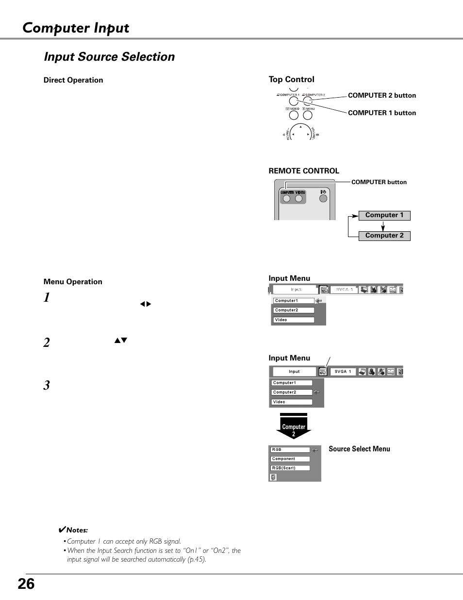 Computer input, Input source selection | Eiki MODEL LC-XB40 User Manual | Page 26 / 66