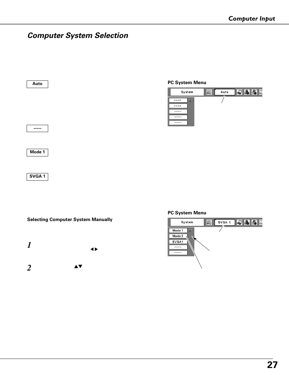 Computer system selection, Computer input | Eiki MODEL LC-XB40 User Manual | Page 27 / 66