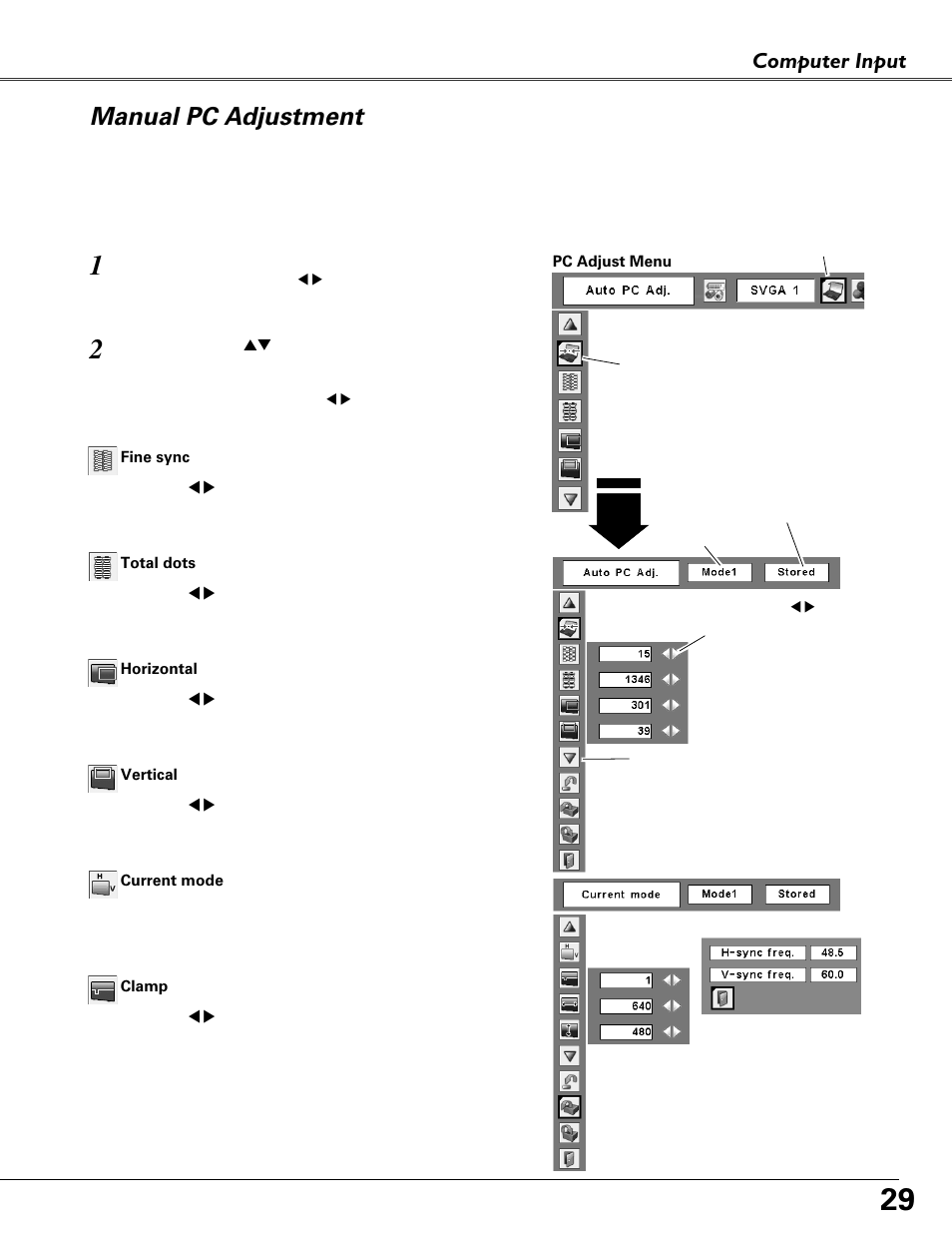 Manual pc adjustment, Computer input | Eiki MODEL LC-XB40 User Manual | Page 29 / 66