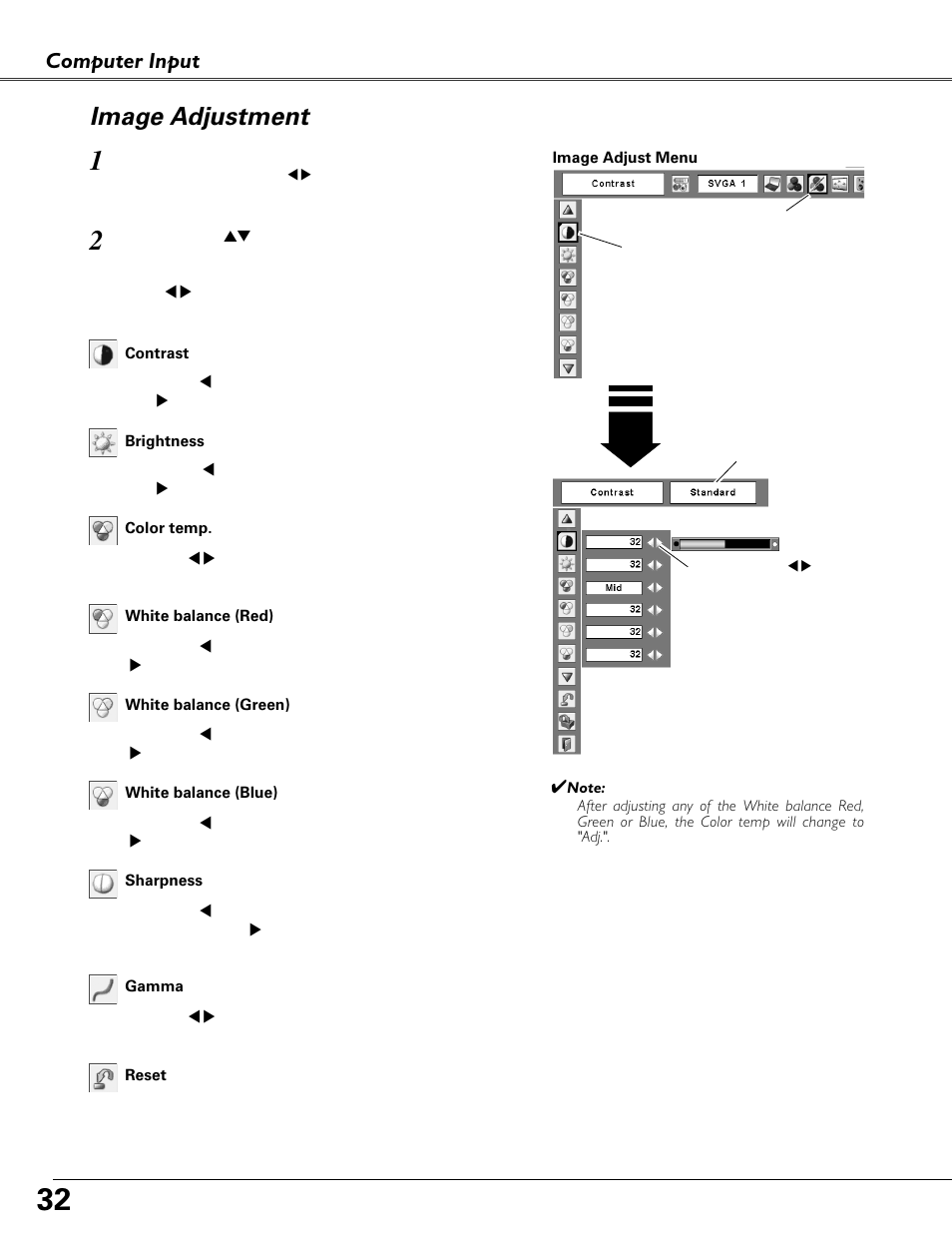 Image adjustment, Computer input | Eiki MODEL LC-XB40 User Manual | Page 32 / 66