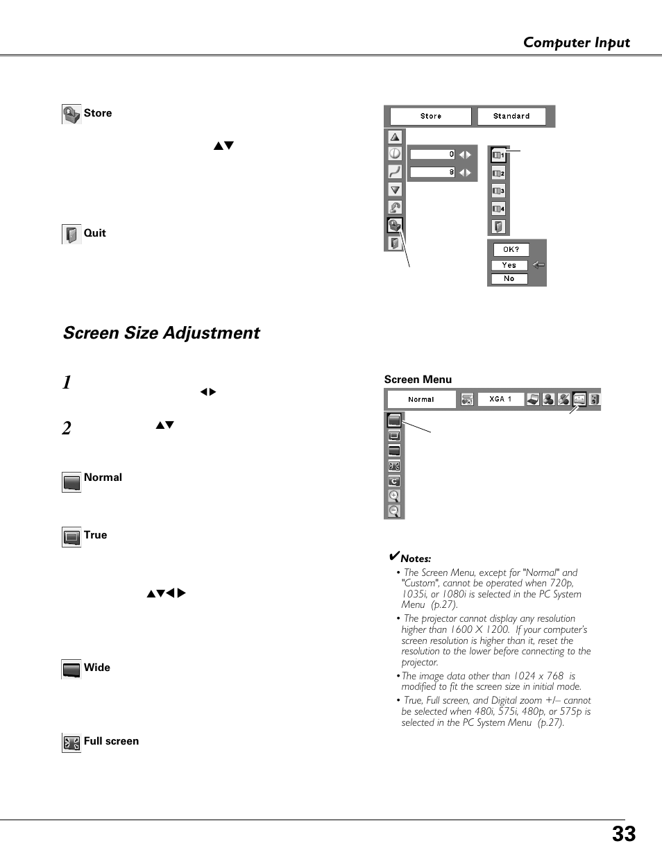 Screen size adjustment, Computer input | Eiki MODEL LC-XB40 User Manual | Page 33 / 66